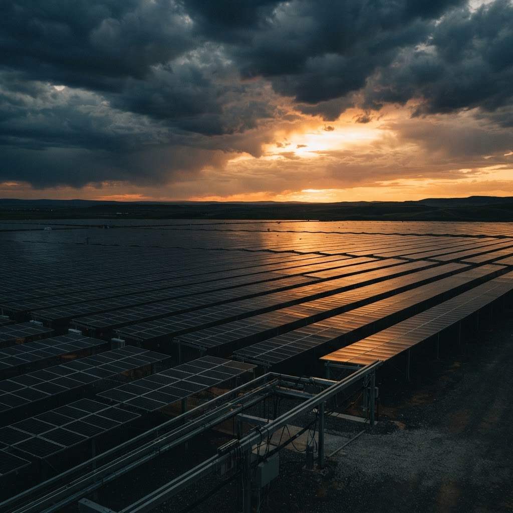 Large-scale solar energy farm at dusk — industrial infrastructure stretching to the horizon