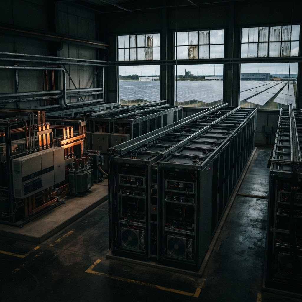 Industrial battery energy storage system with solar generation visible through windows — energy intelligence infrastructure