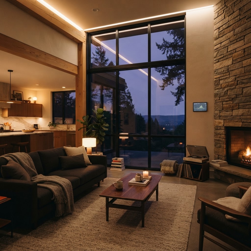 Contemporary home interior at dusk with subtle smart home technology and energy management display