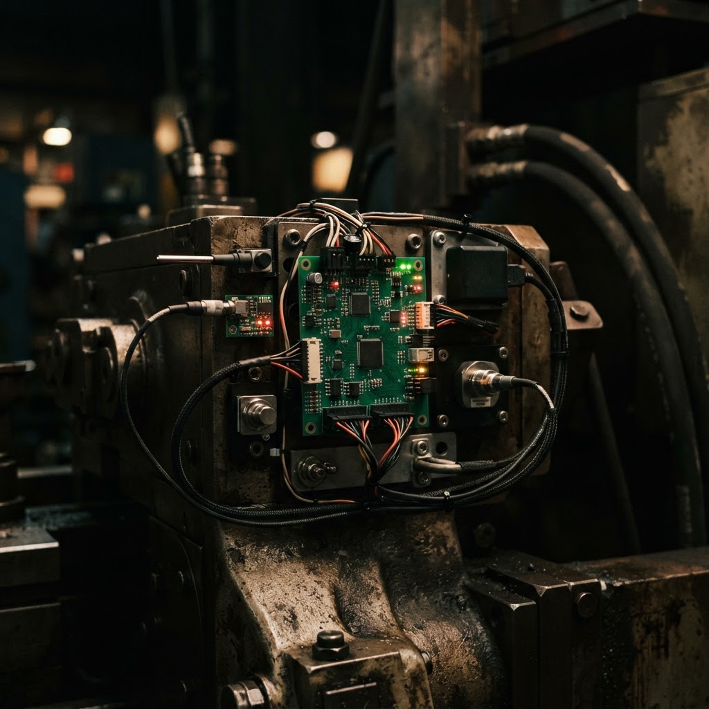 Embedded electronics and environmental sensors integrated into industrial equipment — edge computing and telemetry hardware