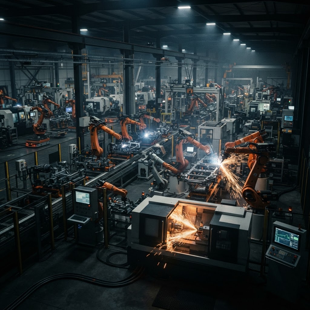 Automated manufacturing line with industrial robotic arms and precision machinery in a modern factory