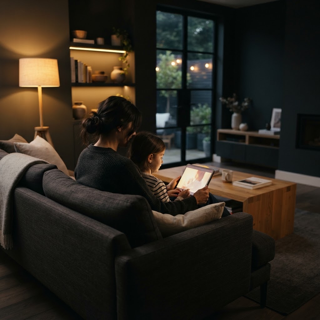 A parent and child together at home in the evening, using a tablet — technology serving daily life