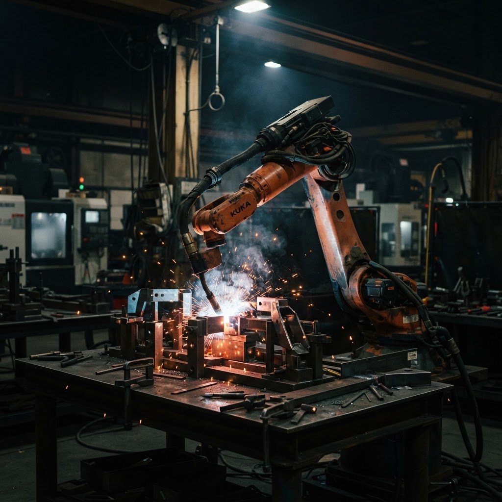 Industrial robot arm performing precision welding in a manufacturing environment