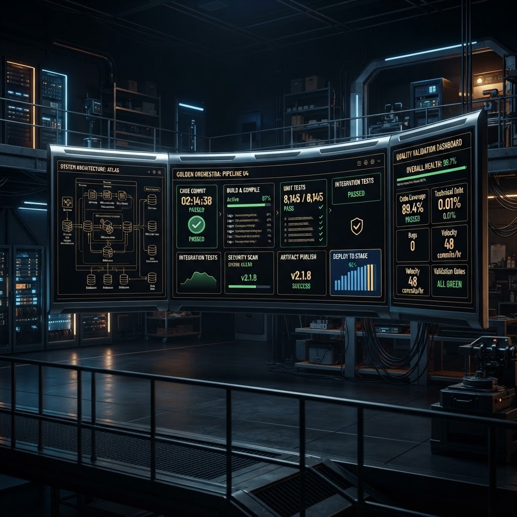 DFACTORY software production system with automated build pipelines and validation dashboards