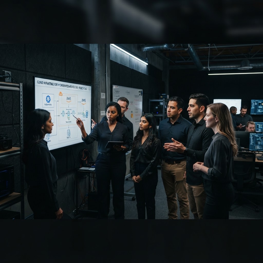 Engineering team collaborating in a modern software development workspace
